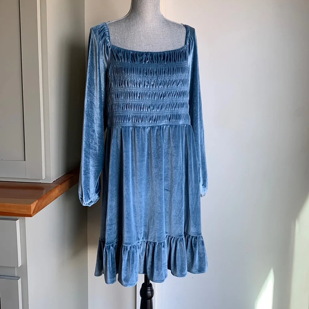 LC Lauren Conrad Blue Smocked Velvet Dress - Picture 1 of 5